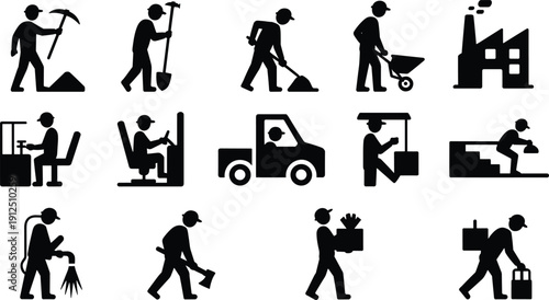 Industrial worker pictogram set with black icons of people digging, driving trucks, operating heavy machinery, welding, and carrying logistics boxes