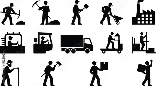 Industrial worker icon set featuring black silhouettes of laborers digging, driving trucks, operating machinery, welding, and carrying boxes for logistics