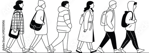 Line art illustration of diverse people walking in winter clothing wearing jackets and coats for seasonal urban lifestyle and commuting
