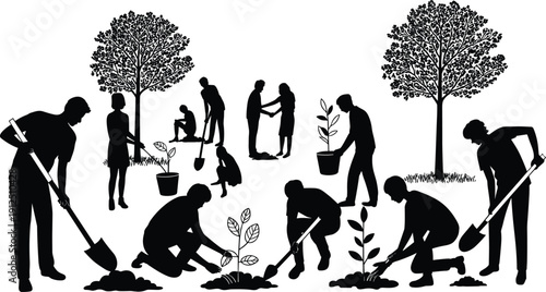 Line art illustration of diverse people planting trees and gardening together for environmental conservation sustainability community nature project and teamwork