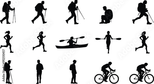 Outdoor Adventure Silhouettes Collection Featuring Hiking Trekking Running Cycling Kayaking and Active Lifestyle Recreation Graphics for Professional Sports and Nature Designs