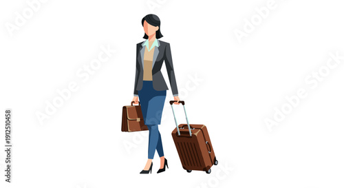 Professional woman in a business suit walking with a briefcase and a rolling suitcase, ready for a business trip or travel.