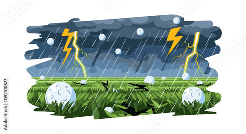 A golf course experiences a dramatic and dangerous thunderstorm with heavy rain, hail, and lightning strikes, creating hazardous playing conditions.