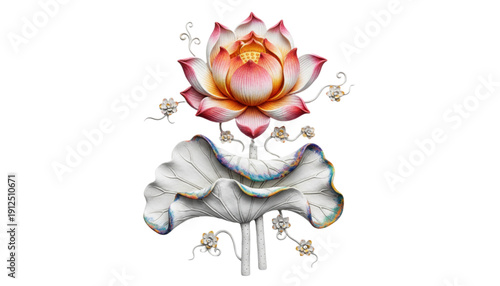Detailed Blooming Lotus Flower and Leaf Botanical Art for Spiritual Wellness and Luxury Branding