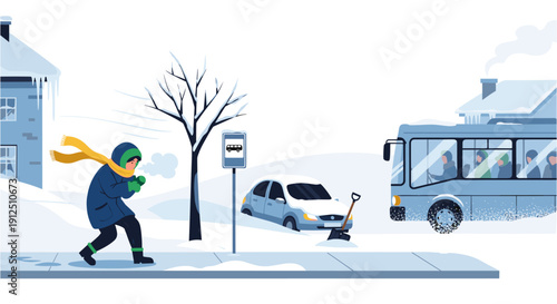 A bundled person braves the cold winter weather, walking past a snow-covered car and a bus stop on a snowy street.