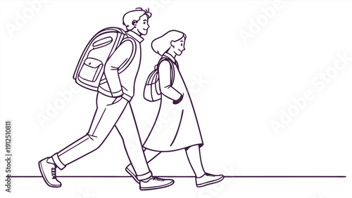Two students with backpacks walking side by side line