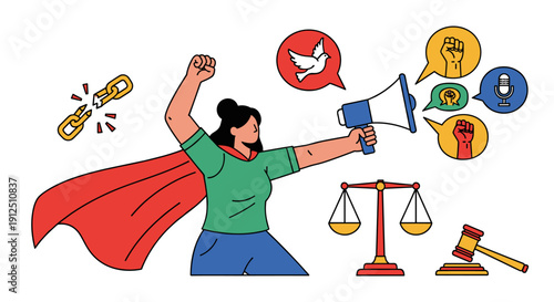 A powerful illustration depicting a woman in a red cape advocating for social justice, equality, and human rights with symbolic icons.