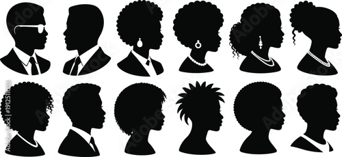 Set of Black and White Vector Silhouettes Featuring Diverse African American Men and Women in Professional Business and Stylish Attire