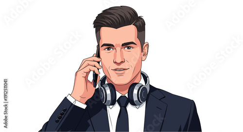 Professional young man in a suit with headphones around his neck, engaged in a phone call, isolated on a clean white background.