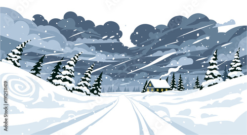 A picturesque winter wonderland scene unfolds with a snow-covered road leading to a cozy cabin nestled amongst frosted pine trees under a cloudy sky.