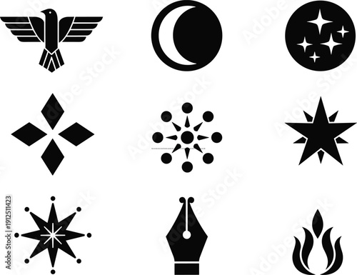 Black and white abstract symbol illustration, geometric bird, crescent moon, stars circle, diamonds, molecular network, star shapes, flame, pen nib