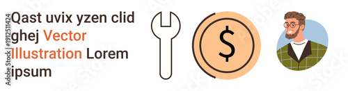 Financial planning, business tools, currency management, personal finance, entrepreneurship, consulting services. Wrench, dollar symbol and portrait of a business professional. Financial planning