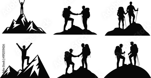 Set of Black Vector Silhouettes of Mountain Climbers and Hikers Celebrating Success and Shaking Hands for Teamwork and Achievement