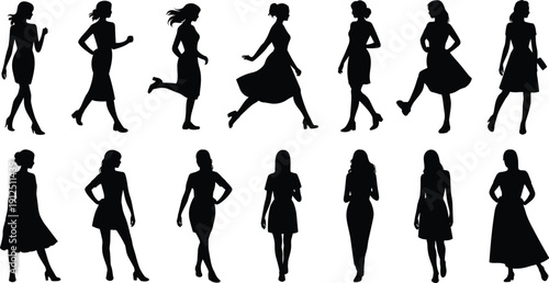 Set of Black Vector Silhouettes of Fashionable Women in Various Poses Including Walking Running and Standing for Apparel Design
