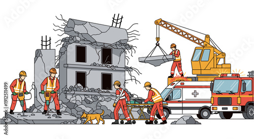 Emergency response teams, including firefighters, paramedics, and rescue workers, diligently manage a catastrophic building collapse site after a devastating disaster.
