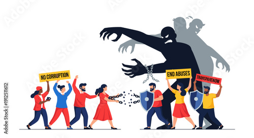 A diverse group of people, including activists, bravely confronts a looming, menacing shadow figure representing societal issues like corruption and abuse.