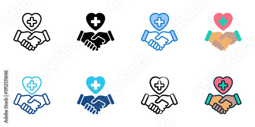Mutual aid icons set multiple style collection. Editable stroke 
