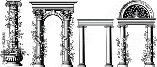 Black and white classical architecture illustration, ornate columns with vines, archway design, decorative entablature, harmony of nature and structure art