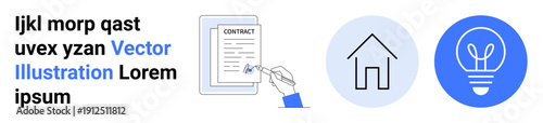 Contract signing, real estate, homeownership, innovation, idea concepts, document management. Hand signing a contract, house and light bulb icons in a modern design. Contract signing and real estate