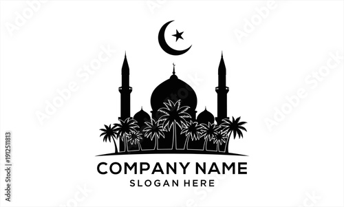 Elegant Mosque Silhouette with Crescent Moon and Palm Trees.