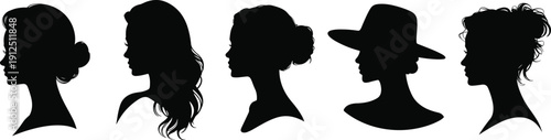 Set of Diverse Elegant Woman Profile Silhouettes Featuring Various Hairstyles and Fashion Hats Representing Feminine Beauty Identity and Modern Salon