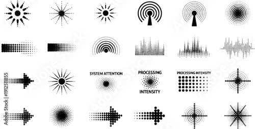Vector Set of Abstract Technological Icons, Minimalist Digital Signal Elements, Creative HUD Interface Symbols and Modern Data Processing Graphics for UI UX Design