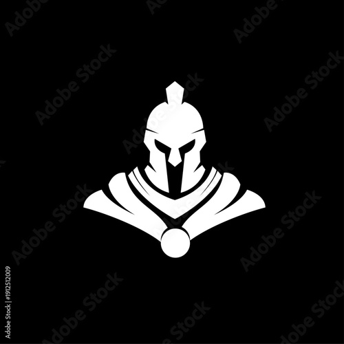 Minimalist Spartan Helmet Warrior Logo Design Icon in White on Black Background