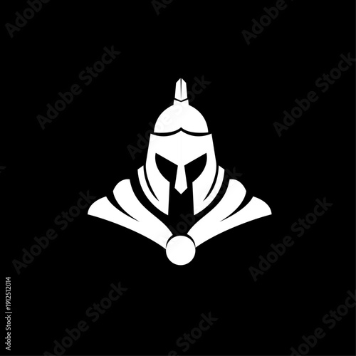 White Spartan Helmet Warrior Silhouette Logo on Black Background