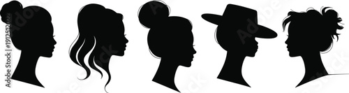 Set of Diverse Woman Profile Silhouettes Featuring Various Hairstyles and Elegant Fashion Hats Representing Beauty Fashion and Feminine Identity Icons