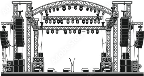 Black Silhouette Illustration of a Professional Outdoor Concert Stage with Lighting Rigs, Large Speakers, and Metal Truss Framework for Live Music and Entertainment Event