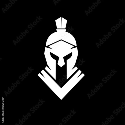 Minimalist White Spartan Helmet Icon Logo on Black Background
