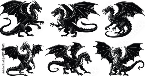 Black silhouette dragon vector set isolated on white background for mystical fantasy tattoo designs mythical creature icons and medieval heraldry mascot clip art