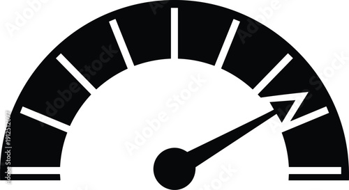 Black Silhouette Icon of a Speedometer Gauge with Needle Pointing to High Level Representing Speed, Performance, Automotive Dashboard, Fast Acceleration, and Measurement Concept