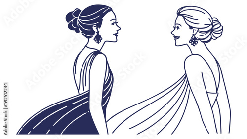 Two women in profile wearing long gowns and earrings with hair in buns line profile view evening dresses