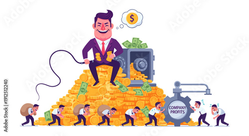 A greedy businessman sits atop a mountain of gold coins and banknotes, while small workers toil to generate company profits.