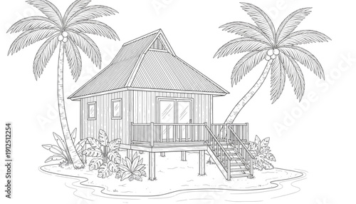 Black and White Line Art: Tropical Island Beach Hut, Palm Trees, Ocean, Sand. Vacation Travel Resort Marketing, Relaxation,