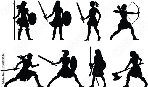 Set of female warrior silhouettes featuring amazon fighters with swords shields bows and spears in various combat poses on white background