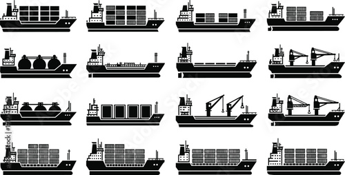 Black silhouette icons of various cargo ships container vessels oil tankers and freight transport boats for global logistics maritime industry and international shipping commerce