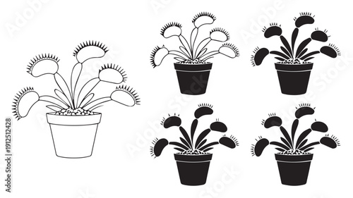 Set of Venus Flytrap Illustrations in Outline and Silhouette