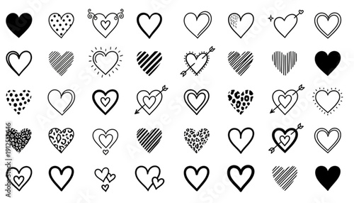 Diverse Hand Drawn Hearts Collection for Valentine's Day, Love, Romance, Web Design, Social Media Graphics