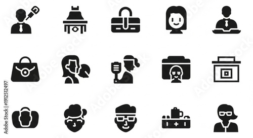 Collection of business and medical icons representing professions and tools.