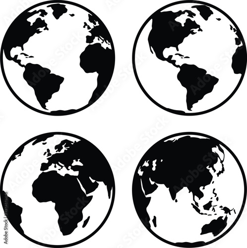 Set of Four Vector Earth Globe Icons Showing Different Continents Including North America South America Europe Africa Asia and Australia Symbols