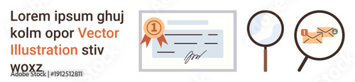 Certification, email security, document validation, attention to detail, achievement recognition, digital verification. Certificate with ribbon, magnifying glass email. Certification and email