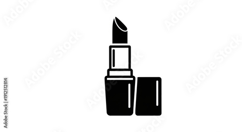 Black and white icon of an open lipstick with cap beside it.