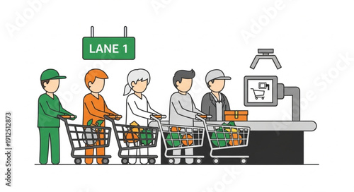 People queuing at a grocery store checkout lane.
