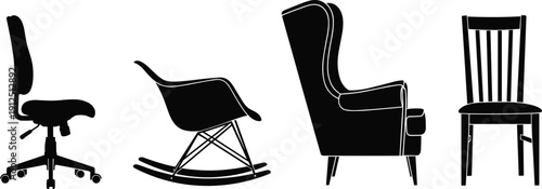 Set of Furniture Silhouettes Including Office Swivel Chair Rocking Armchair Wingback Chair and Classic Dining Chair for Interior Home Decor Design