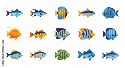 Collection of Colorful Tropical Fish Species Isolated on White Background.