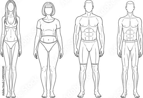 Set of Human Body Type Line Art Featuring Slim Athletic and Plus Size Male and Female Figures for Fitness and Fashion