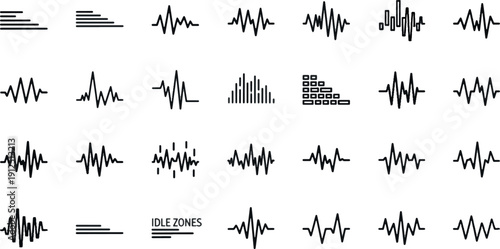 Vector Set of Abstract Sound Waves, Audio Pulse Line Icons, Minimalist Music Waveform Symbols and Digital Signal Frequency Elements for Media Design