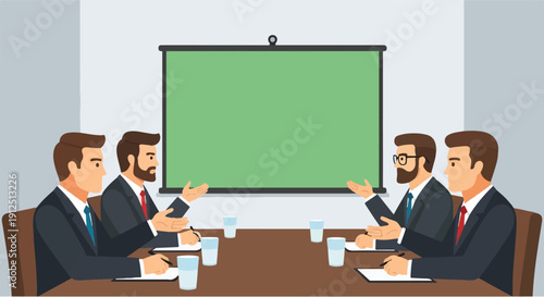 Professional business meeting with executives collaborating around a conference table, discussing strategies and presentations in a corporate office setting